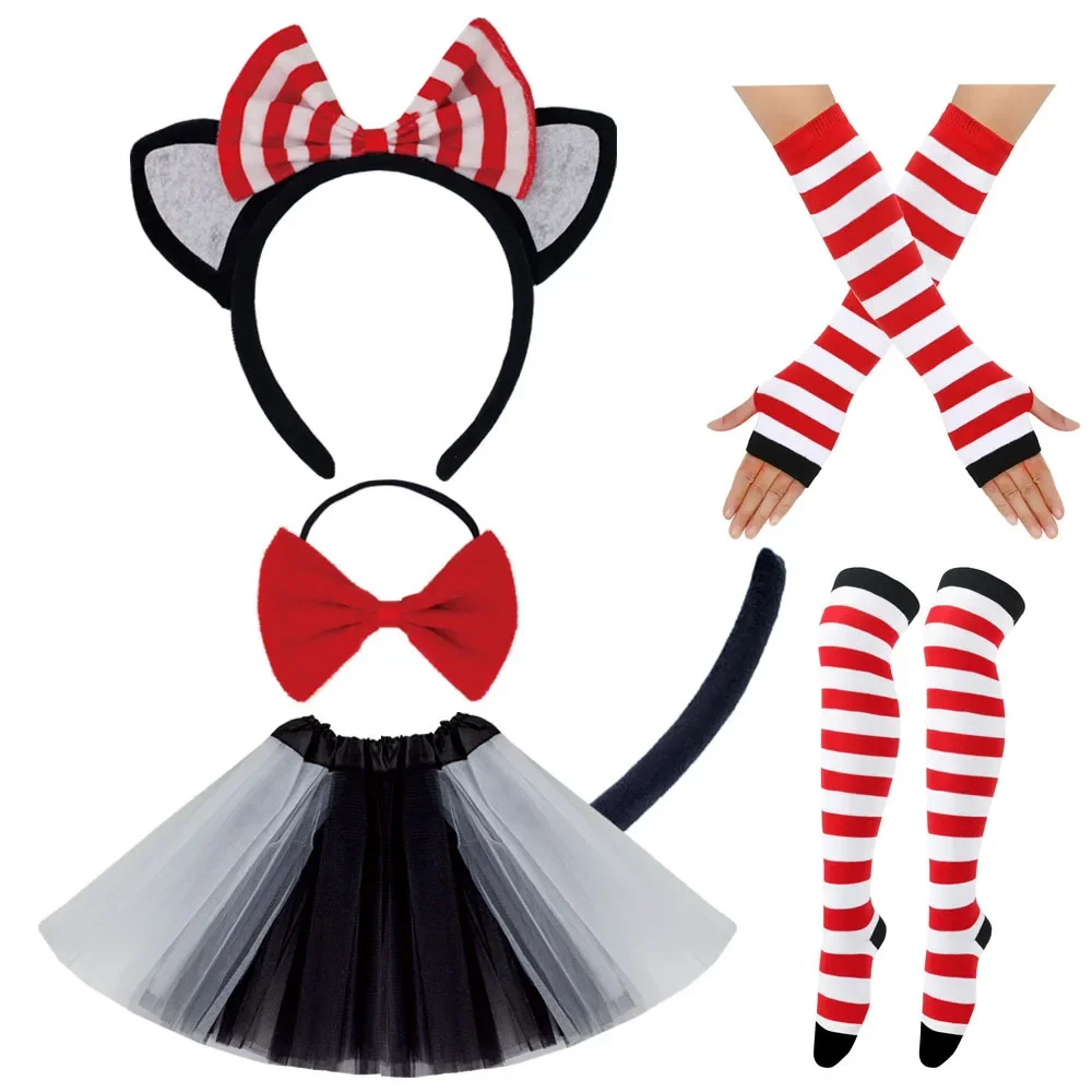 Kids Girls Cat Costume Outfit Animal Ear Top Hat Headband Tutu Skirt Bowtie Tail Striped Socks Long Gloves Set Cosplay Party