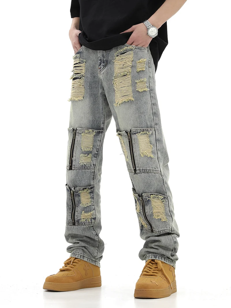 High Street Zipper Open Decoration Biker Jeans Women Ripped Denim Straight Jean Pant Men Motorcycle Trouser Unisex Hip Hop Pants