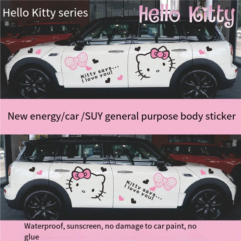 

Стикер для кузова автомобиля Hello Kitty, автомобильная пленка Sanrio, мультфильм, подходит для всех автомобилей, креативное украшение, стикер для тела