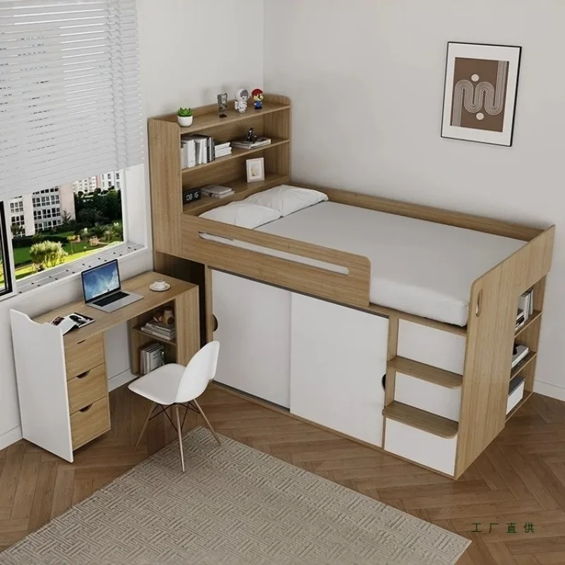 Small apartment half-height bed wardrobe integrated multi-function with guardrail bed desk storage cabinet