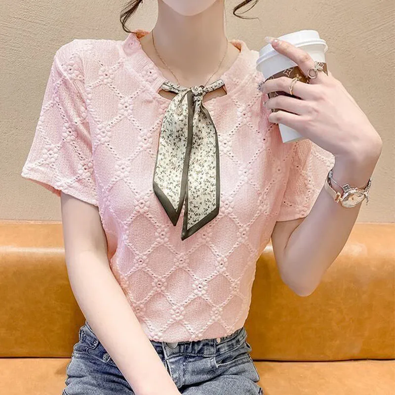 

2023 Summer New Elegant Fashion Jacquard Slim Pullovers Tops Solid Short Sleeve Casual Knotted O-Neck T-shirt Women's Clothing