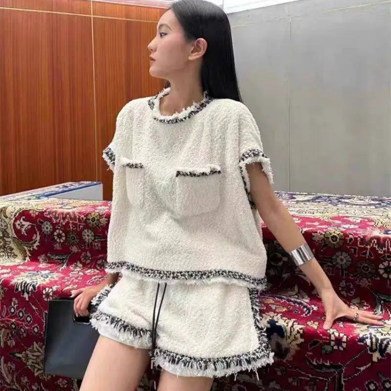 SCA wide elastic waist drawstring burr edge knitted shorts bat sleeve short sleeve T-shirt shorts set