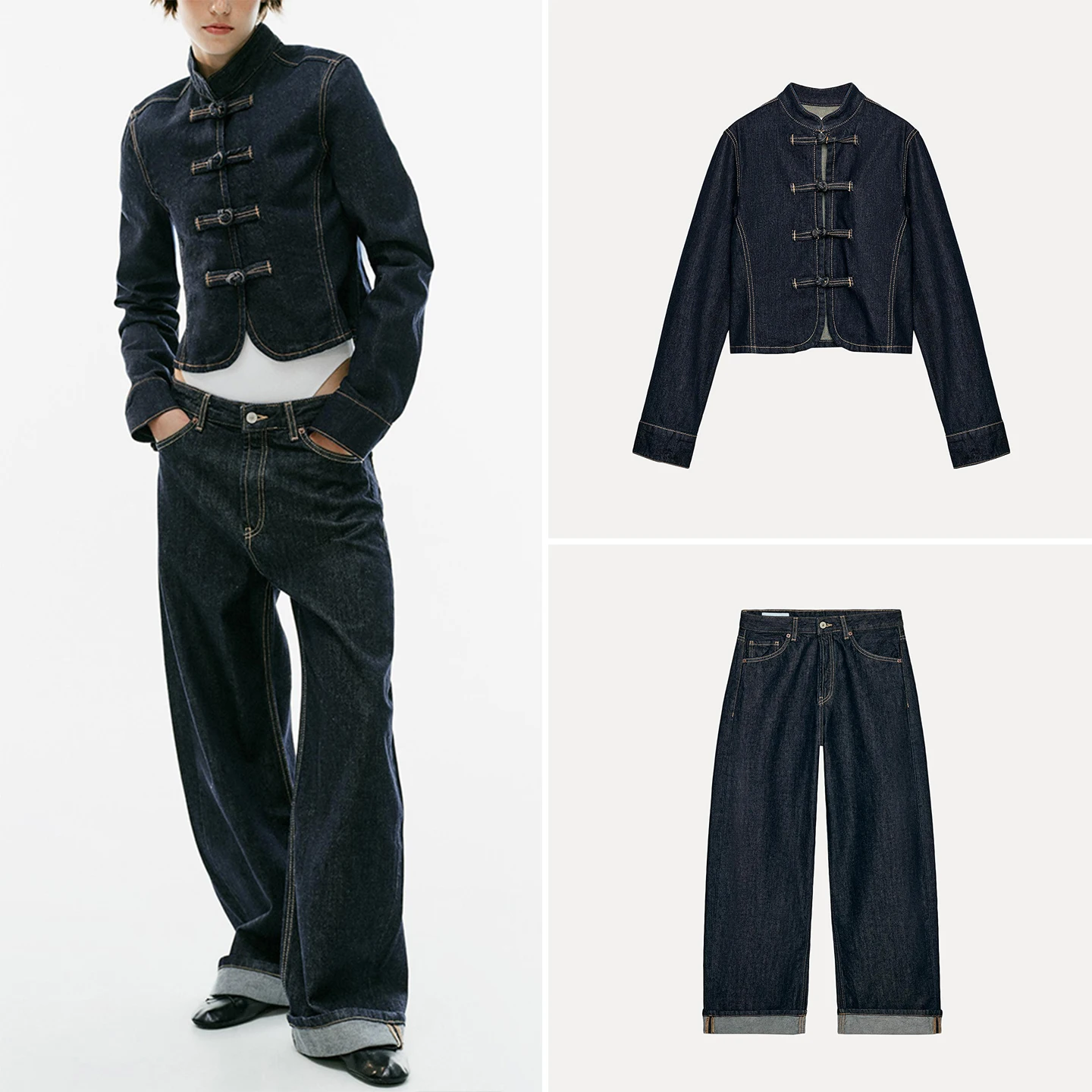 Women's Long Sleeve Denim Jacket Outerwear Loose Cuffed Pants Two Piece Set Fashionable Autumn Collection Zadata Brand