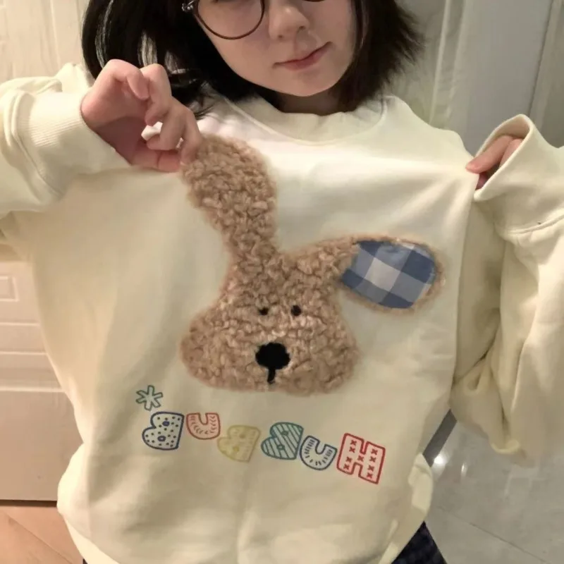 

Cute Bear Embroidered Roun Neck Pullover Y2k Girl Sweet College Style Long Sleeve Tops Trendy Clothes Women Kawaii Sweatshirts