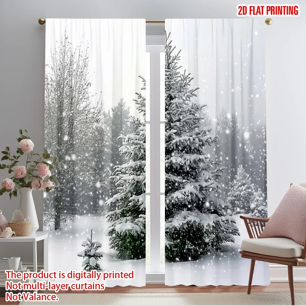 2pcs,2D plane printing Curtains Digital Printed Snowy Forest Christmas Tree Holiday (2) Polyester Fabric (without rod) Festive