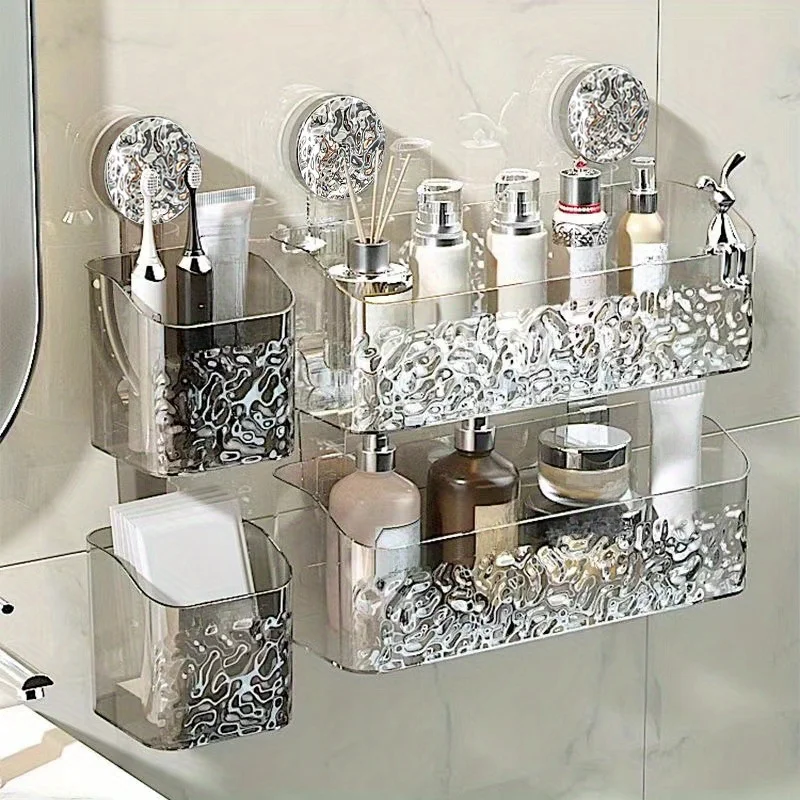 

1pc Premium Suction Cup Bathroom Rack - Wall-Mounted Shower Caddy with Durable Hanging Basket for Shampoo & Gel, Modern Organiz