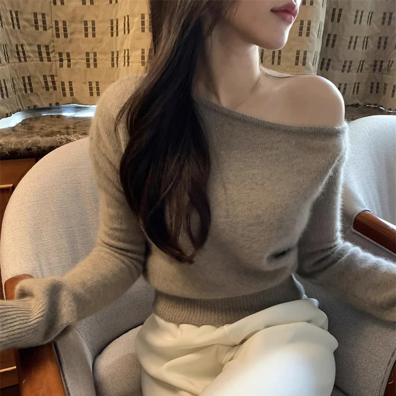 Matakawa Solid Skew Collar Women Sweaters Autumn Winter Korean Fashion Chic Elegant Pull Femme Vintage Sweet Short Pullovers