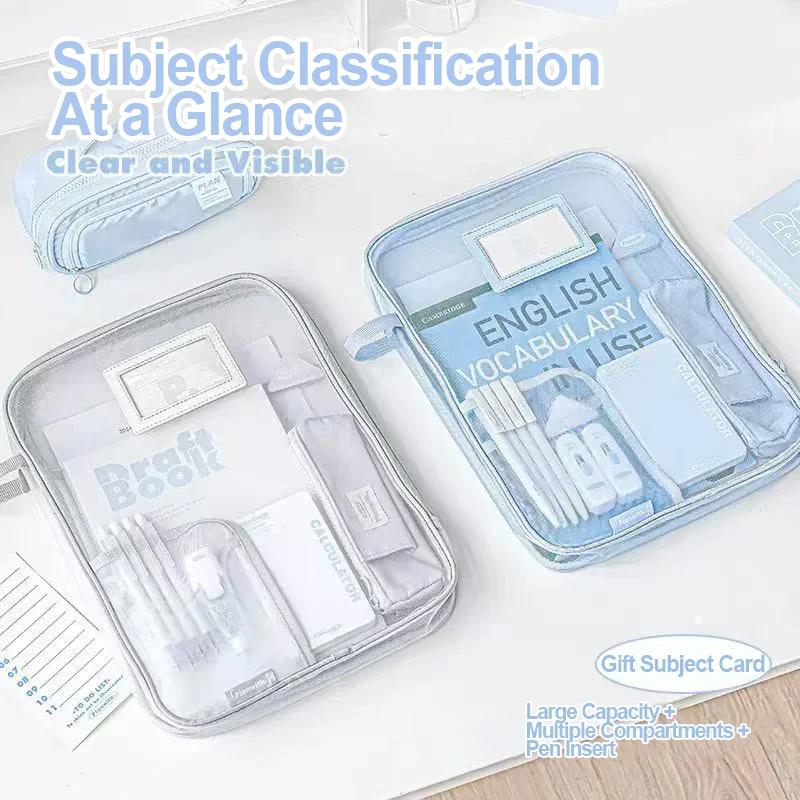 حقيبة ملفات على شكل حرف L بسحاب سعة كبيرة للطلاب، ورق اختبار محمول، تصنيف شبكي، حقيبة أدوات مكتبية #4