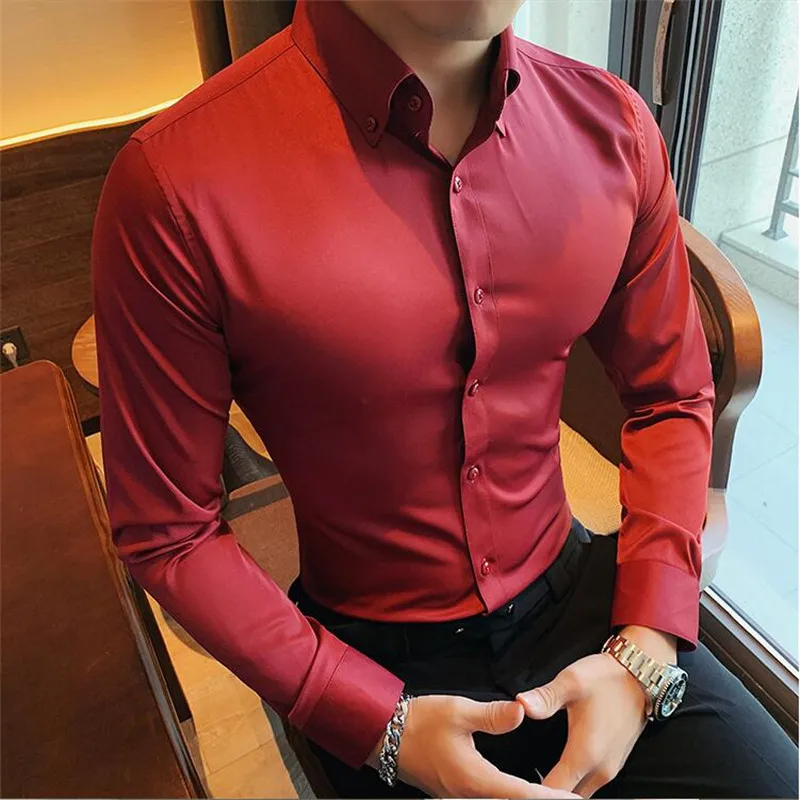 2024 High Quality Solid Color Men\'s Shirt Formal Business Dress Office Wedding Shirts Long Sleeve Casual Social Blouse Chemise