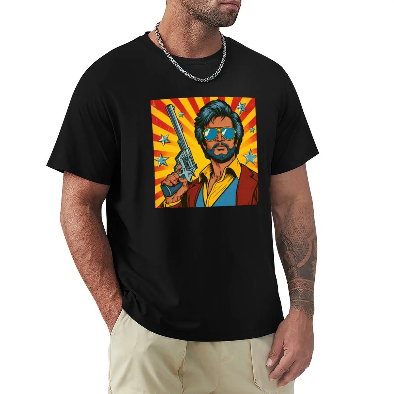 Retro Vintage Pop Art Gunner Rajinikanth T-Shirt Work Wear Breathable Tee