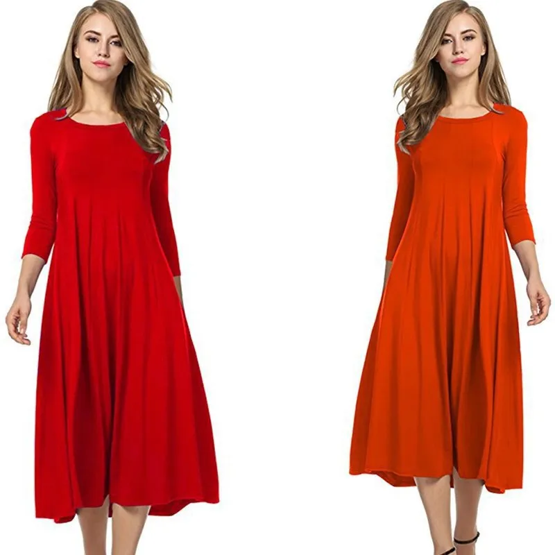 Women Autumn Solid Party Midi Dress Casual O Nesk Half Sleeve Office Lady Red Green Slim Elegant Dresses  Robe Ete XXL  Vestidos