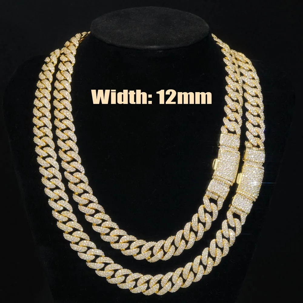 12mm Hip Hop Iced Out Chain Cuban Link Chain Necklace Full Diamond 3 Row Cuban Chain Men's Birthday Party Fine Jewelry Gift