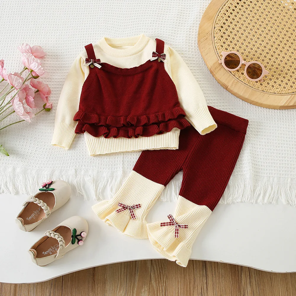 Girls' Suit 2026 Autumn and Winter New Childrens Wear 3-24 Months Baby Fake Two Wooden Ear Side Knitwear Leggings Two-piece Set