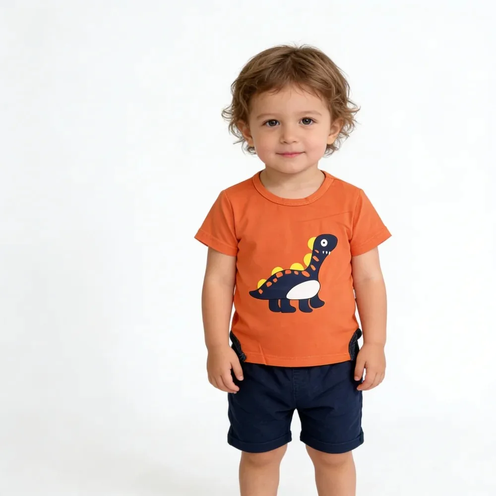 children's summer clothing, stylish and stylish. Children's upright dinosaur short sleeved set. Baby cartoon two-piece set