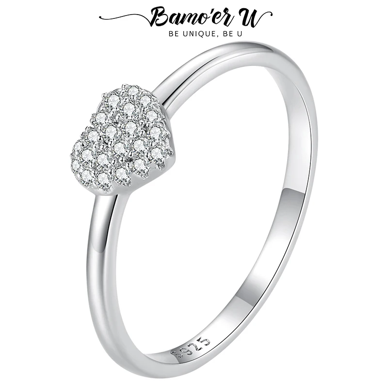 Bamoer U Heart Shaped Moissanite Ring Pavé Setting Round Cut Love D Color Lab Diamond for Women Wedding Engagement Jewelry Gift