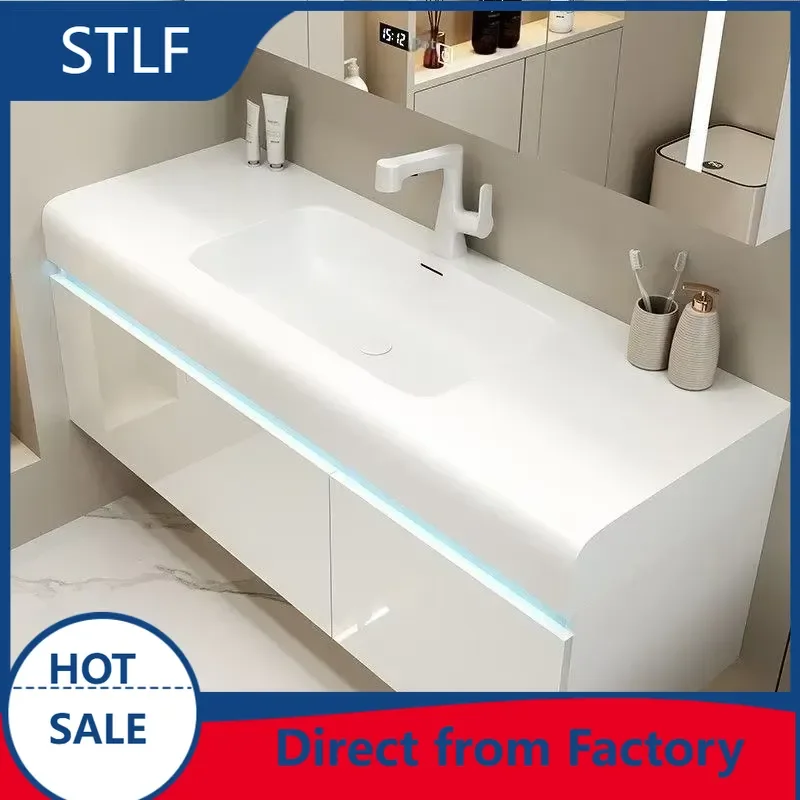 STLF Wholesale White Solid Wood Bathroom Furniture with Mirror Clock Bathroom Vanity Cabinet Modern Bathroom Cabinet
