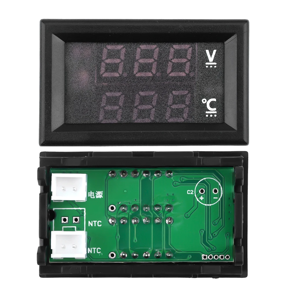 DC 4-28V Voltmeter Thermometer Voltage and Temperature Real Time Monitoring LED Digital Display with NTC Probe Cable -50~125°C