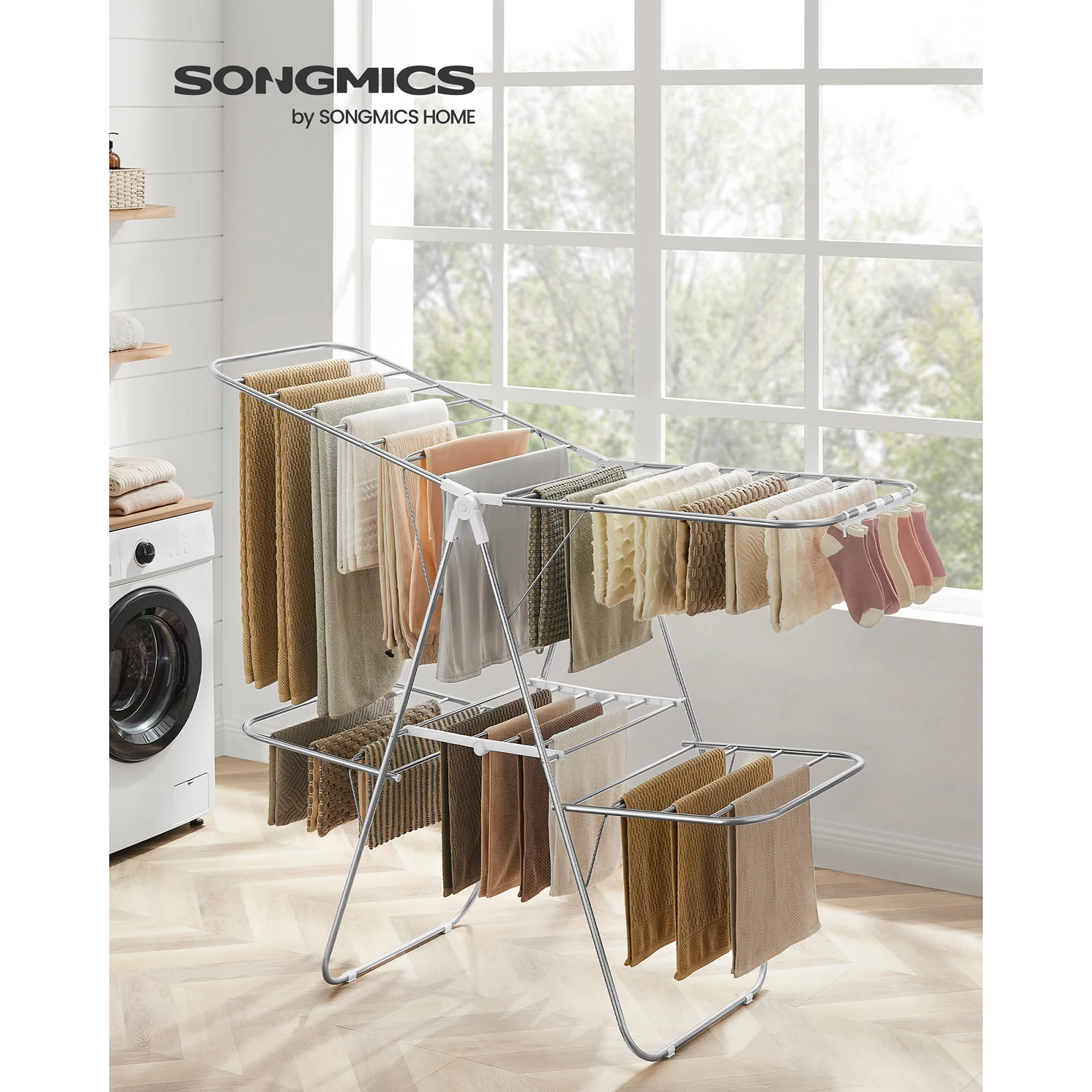 SONGMICS 2-Level Clothes Airer, Foldable Clothes Drying Rack, Laundry Rack with Height-Adjustable Wings