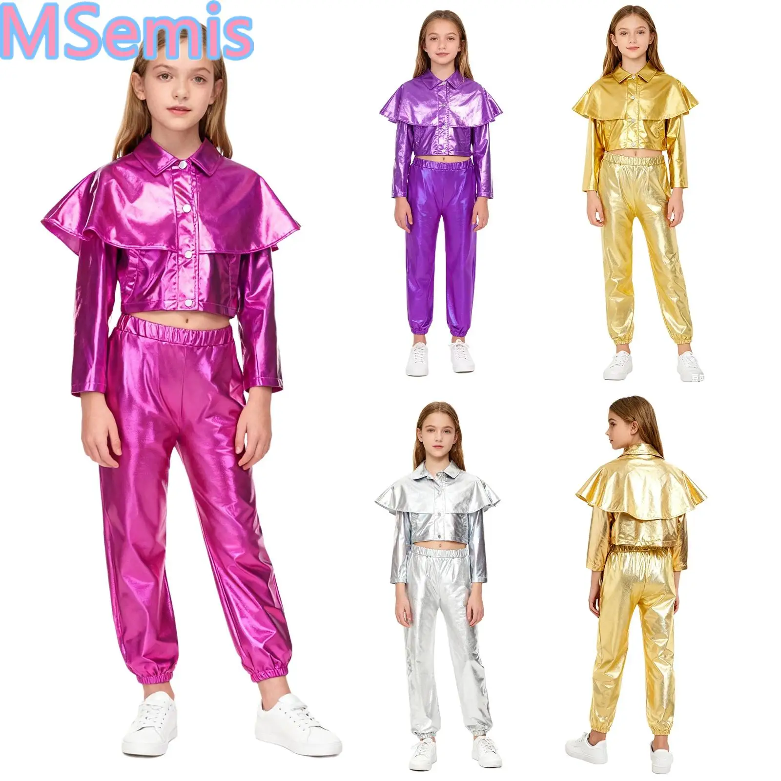 

Детский танцевальный наряд в стиле хип-хоп для девочек, куртка с длинными рукавами и пуговицами спереди, металлическая куртка с рюшами и брюки с эластичным поясом