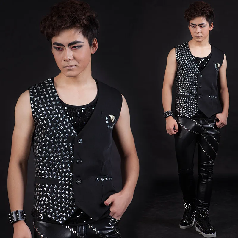 New Men's Stage Vest Clothes Bar DS Sequined Vests Stage Dress Tide Nightclub Male Singer Clothing Summer Plus Size Tops Hombre