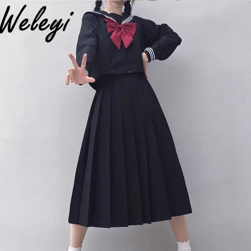 Jirai Kei Clothes College Style Outfits for Women 2024 Autumn Winter Basic Jk Uniform Original Sailor Long Skirts Set Student