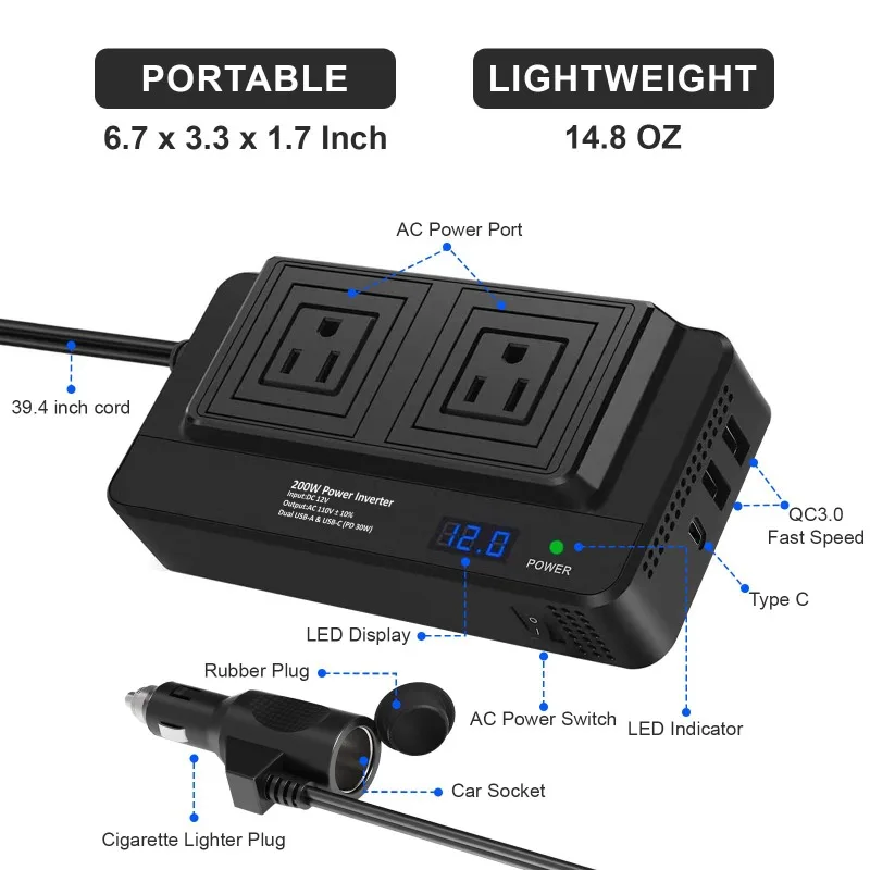 200W Car Inverter Power Converter with 2 USB Ports + Type-C PD 20W Fast-charging Ports Car Socket Adapter for Outdoor Camping