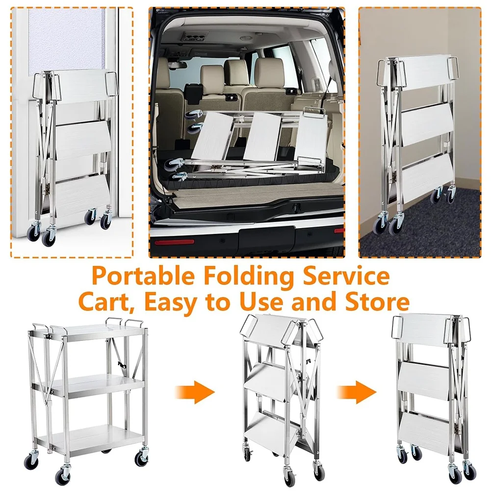 3-Tier Folding Utility Cart,Stainless Steel Kitchen Cart, 300 LB Capacity Storage Tool Tiers, Small Metal Push Cart
