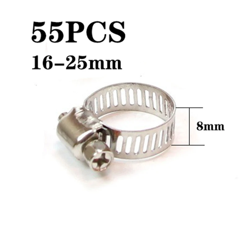 55pcs 16-25mm Adjustable Stainless Steel Screw Band Hose Clamps Car Fuel Hose Clamps Pipe Clamp Worm Gear Clip Hose Clamp