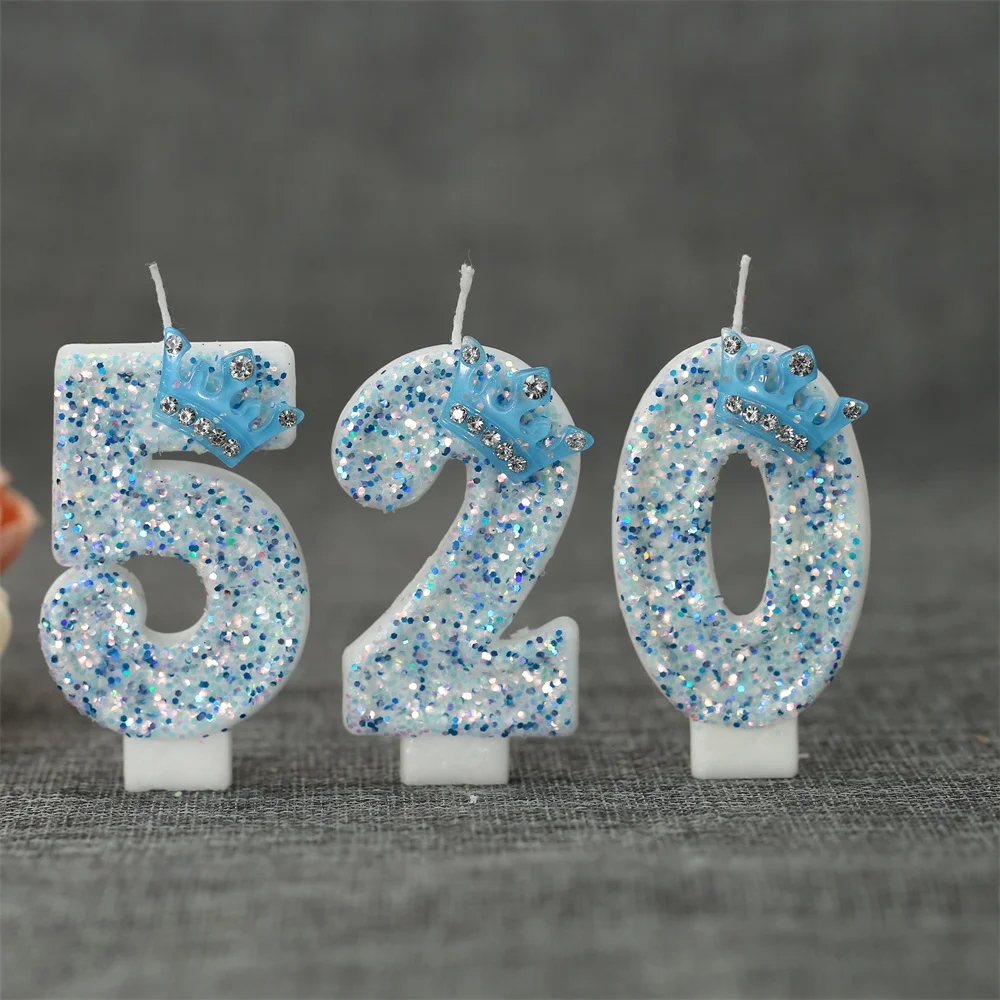 Number 9 Birthday Candles Cake Topper Sequin Candles with Blue Crown for Girl 1st Birthday Party Cake Decoration Baby Shower