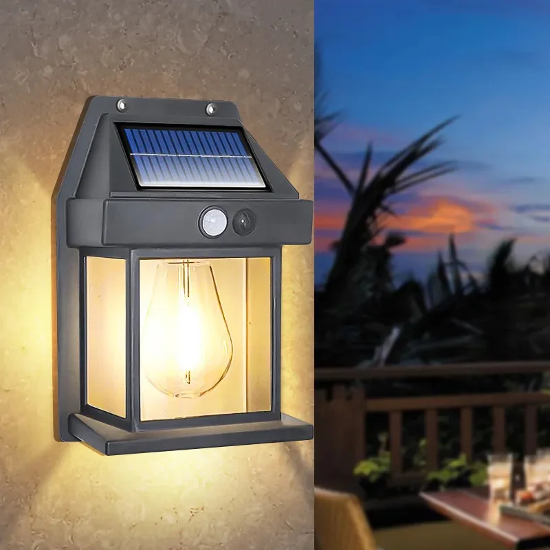 Solar Tungsten Wire Bulb Lâmpada de parede, LED Outdoor Solar Lights, Sensor de movimento, Decoração do jardim, impermeável, Yard Power