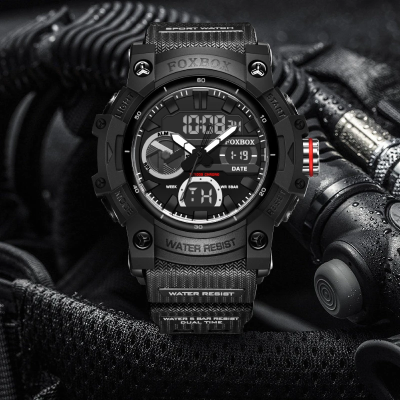 فوكس بوكس المزدوج الوقت الضوء الخلفي عرض الساعات الرياضية رجالي ساعات كوارتز بولي Strap حزام مقاوم للماء ساعة اليد ساعة Reloj Hombre + صندوق
