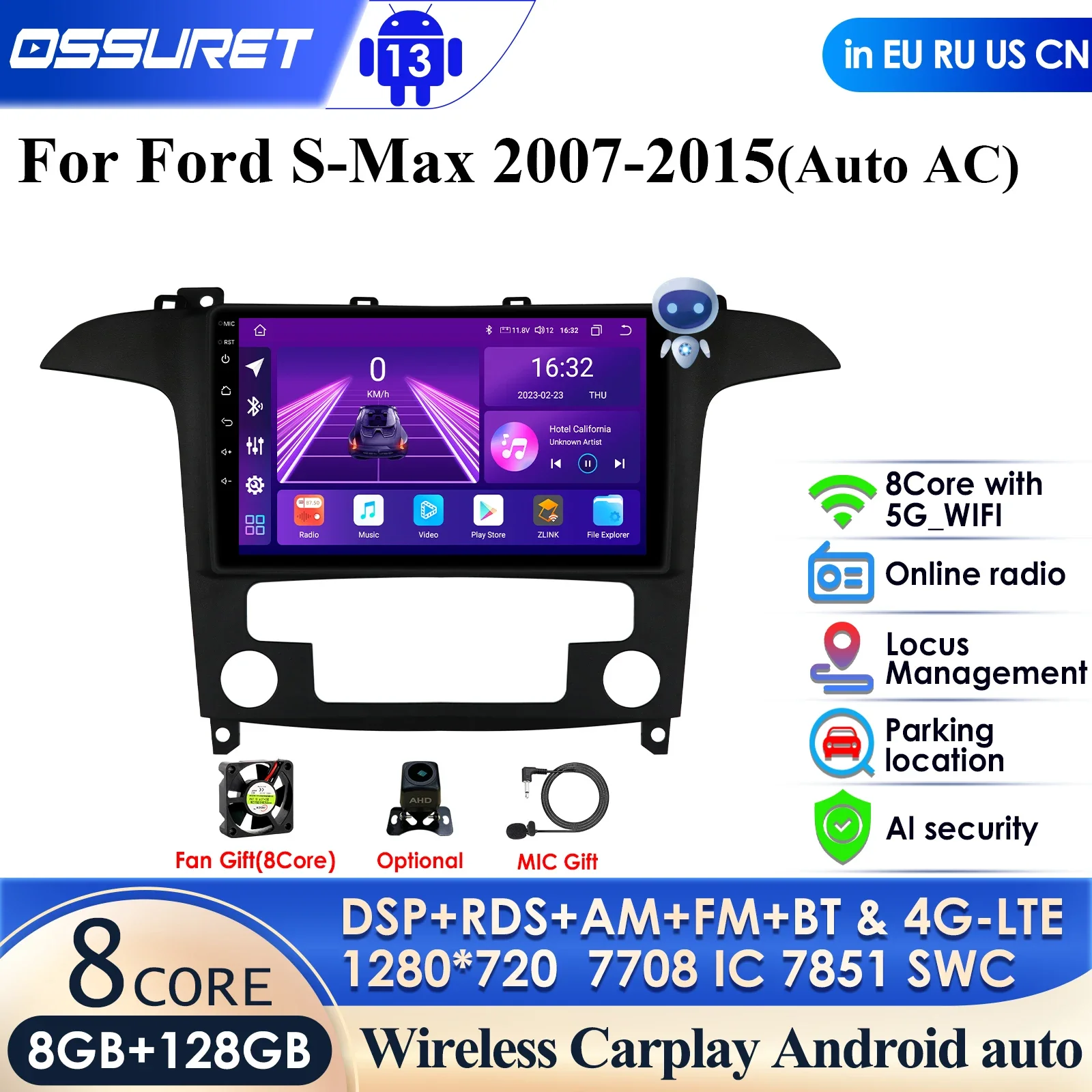 

360 Camera AI Intelligent Player 2din Android Car Radio for Ford S-Max 2007 - 2015 Auto AC Autoradio GPS Carplay 4G WIFI Stereo