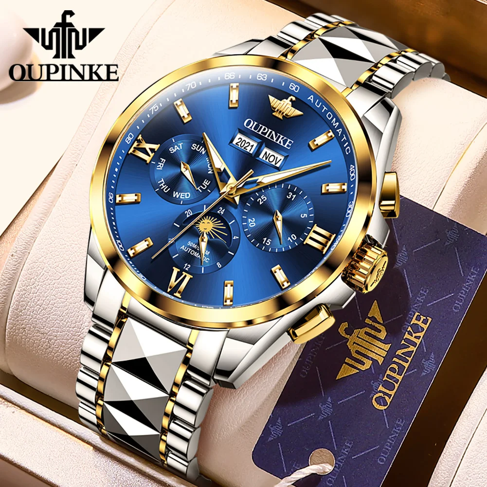 

OUPINKE 3201 Moon Phase Wristwatch for Men Multifunctional Dual Calendar Waterproof Watch Luxury Brand Men's Watches Original