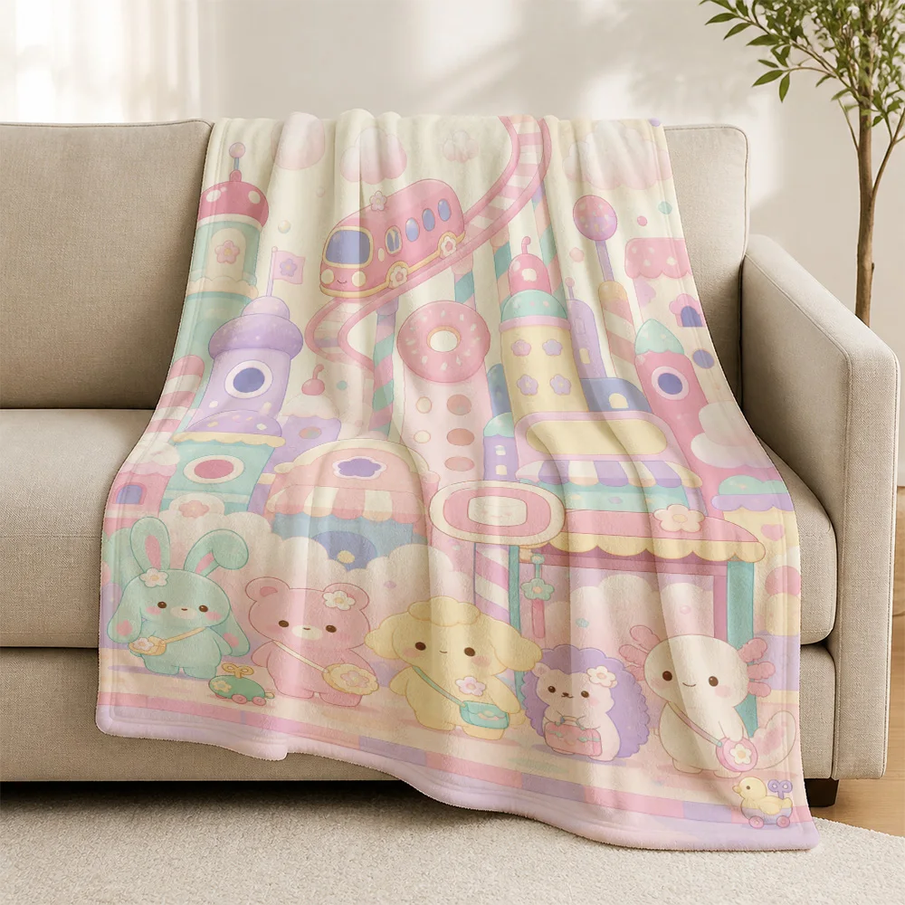 Super Cute Cartoon Kawaii Animal Throw Blanket Pastel Candy Theme Cozy Fleece Sofa Throw for Kids Nursery Decor Gifts