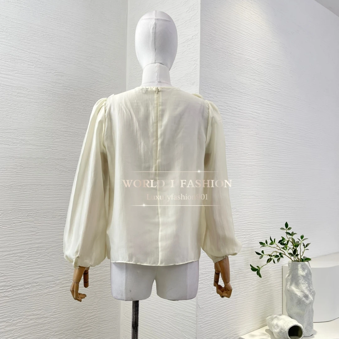 2025 Wysokiej jakości bluzki z długim rękawem w kwiaty z aplikacją w kolorze białej moreli