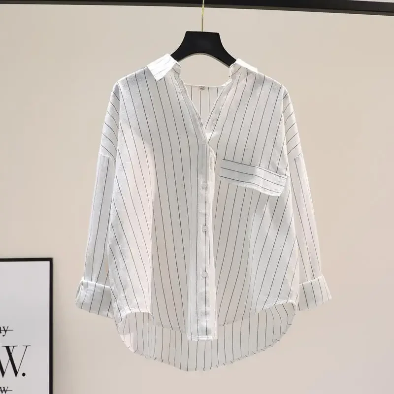 100% Pure Cotton Vertical Stripe Long Sleeve Shirt Spring Autumn New Casual Loose Slimming Tops Unique Fashion Clothes for Women