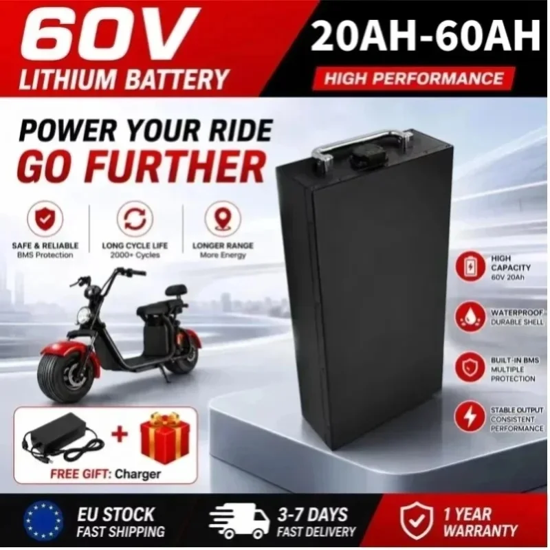 LIDIKALA Für Harley 60V 20Ah-60Ah Lithium-Ionen-Akku mit eingebautem BMS 3000W Style Citycoco Faltbarer Zweirad-Elektro-Scooter E-Motorrad, kostenloses Ladegerät, schnelle Lieferung innerhalb der EU.