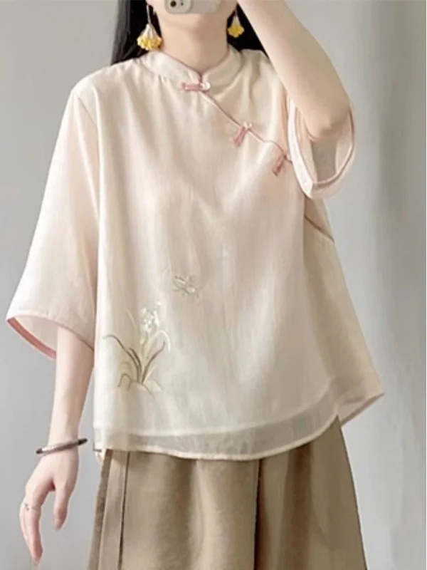 

Chinese Style Embroidered Chiffon Shirt Women's Stand Collar Short Length Side Slit Summer New Zen Inspired Hanfu Tea Costume