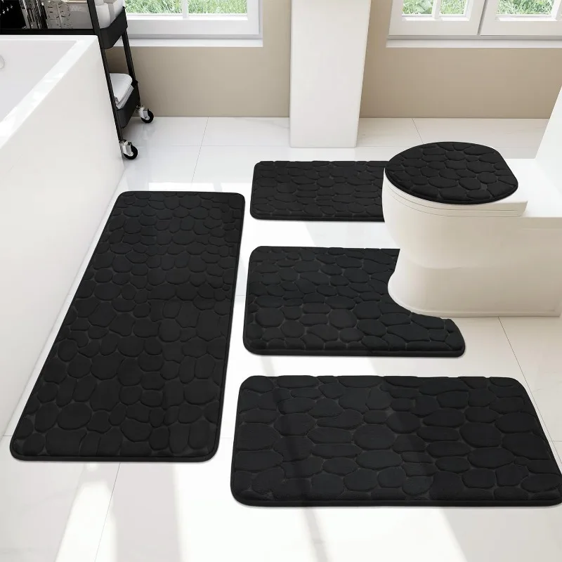 YIHOUSE Bathroom Rugs Sets 5 Piece, Cobblestone Memory Foam Bathroom Mats Set Extra Thick, Non Slip Bath Mats for Bathroom, Wate