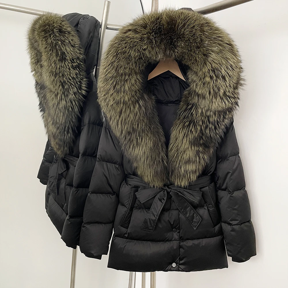 OFTBUY Fluffy Jacket Women White Goose Down Coat 2025 Fashion New Real Fox Fur Winter Mid-length Style Female Thick Warm Coat