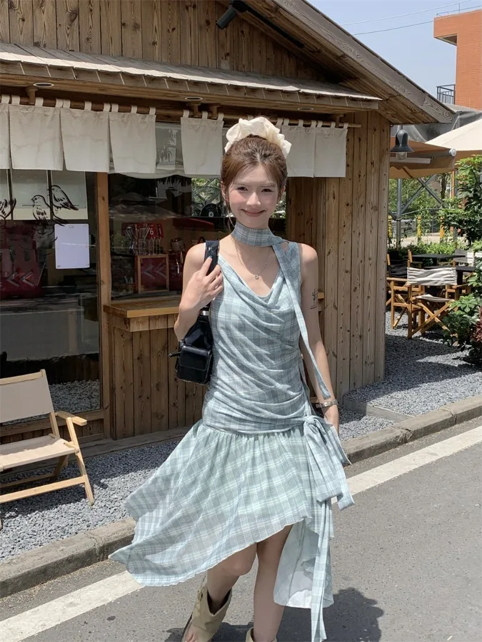 Summer Slimming Plaid Dress Women's Waist-Cinching Sleeveless Vest Dress Irregular Design Pure Desire Soft Chiffon Material