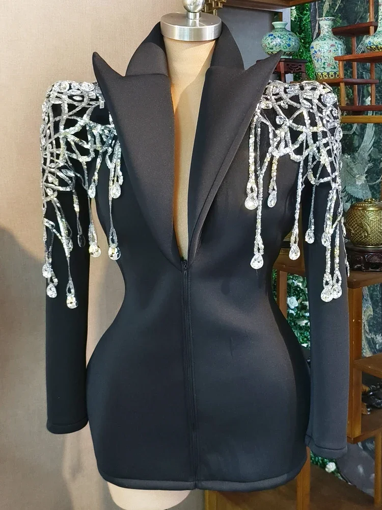 Traje negro de diamantes para mujer, chaqueta ajustada para cantante, vestido de espectáculo de escenario, disfraz de fiesta Drag Queen, regalo de cumpleaños