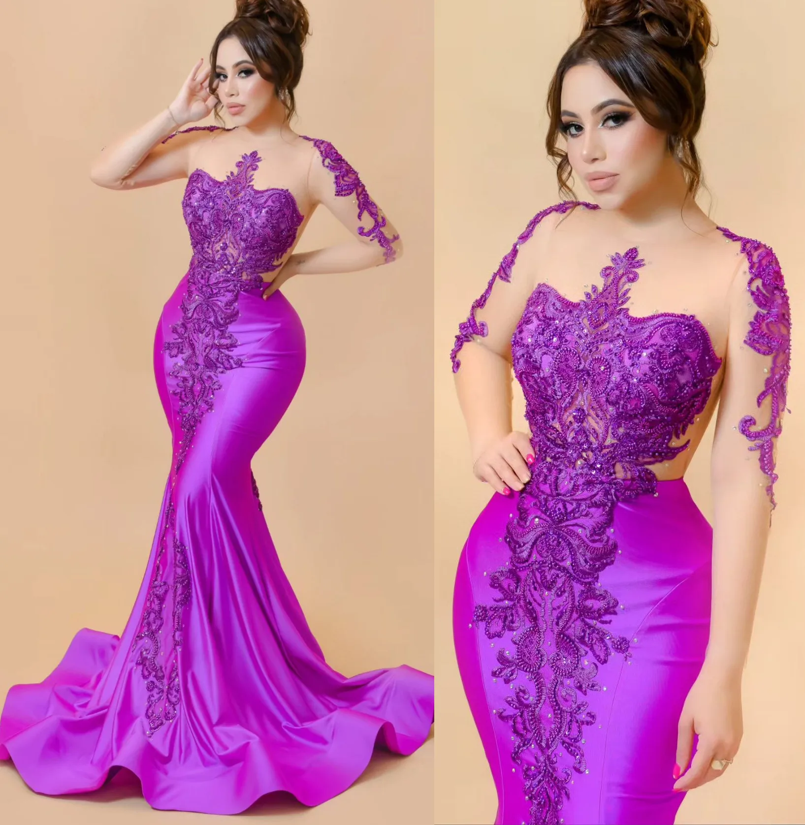 2024 Purple Mermaid  Prom Dresses Lace Beaded Evening Formal Party Second Reception Birthday Engagement Gowns Dress ZJ36