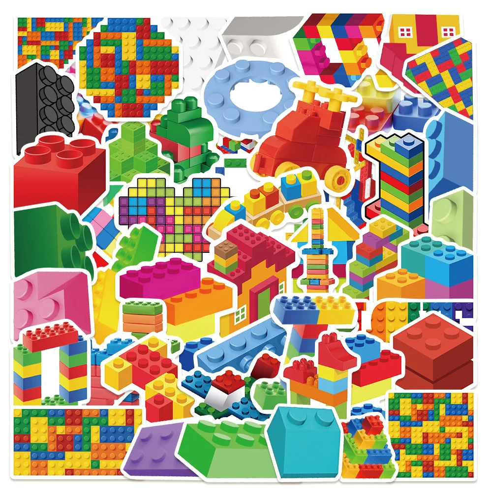 50Pcs Colorful Building Blocks Sticker Watercolor Cute Graffiti DIY Skateboard Cartoon Laptop Cute Decoration Cool Sticker Phone