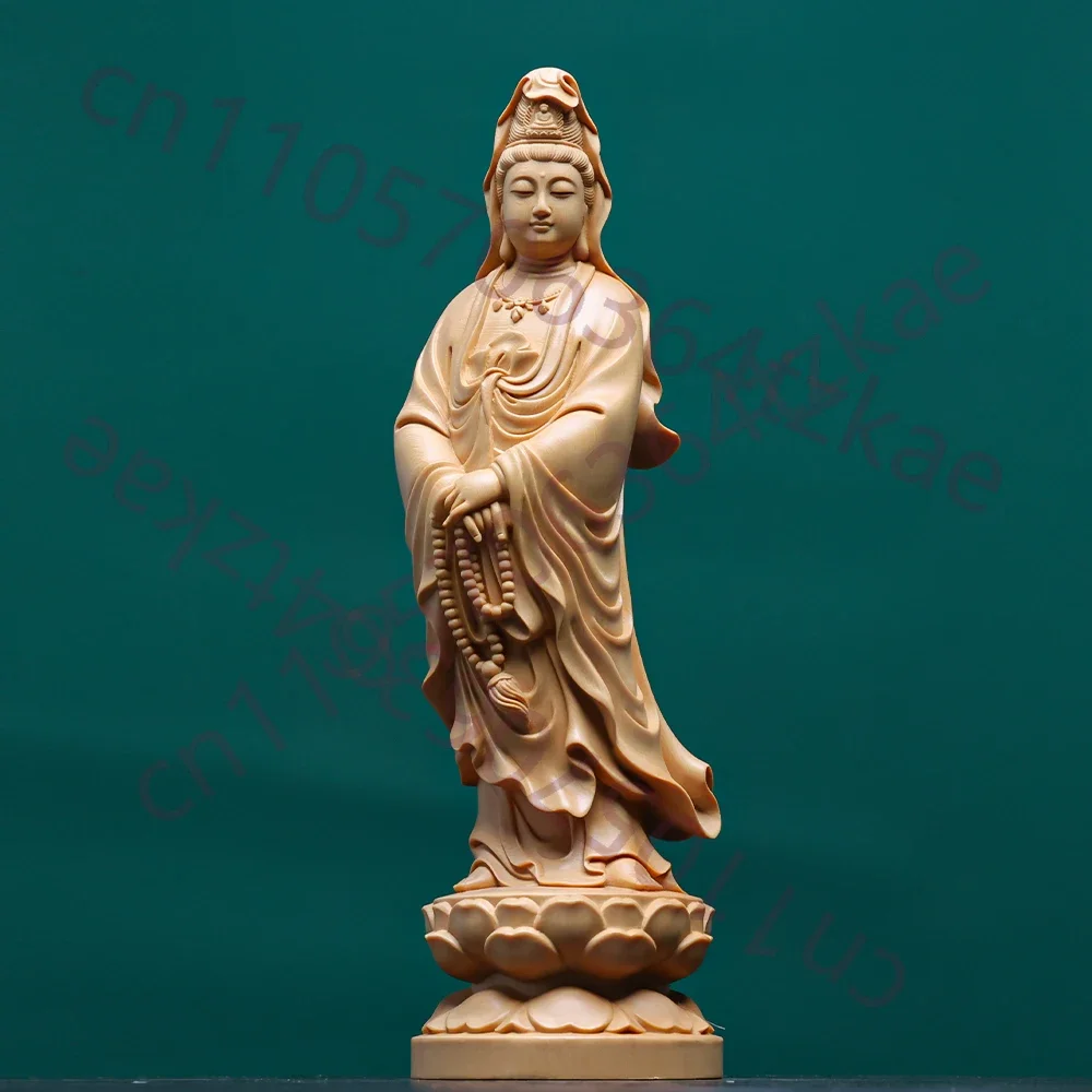 Hand Carved Hinoki Wood Standing Guanyin Kuan Yin Bodhisattva Statue Figurine w/ Beads Lotus Base - Spiritual Temple Home Altar