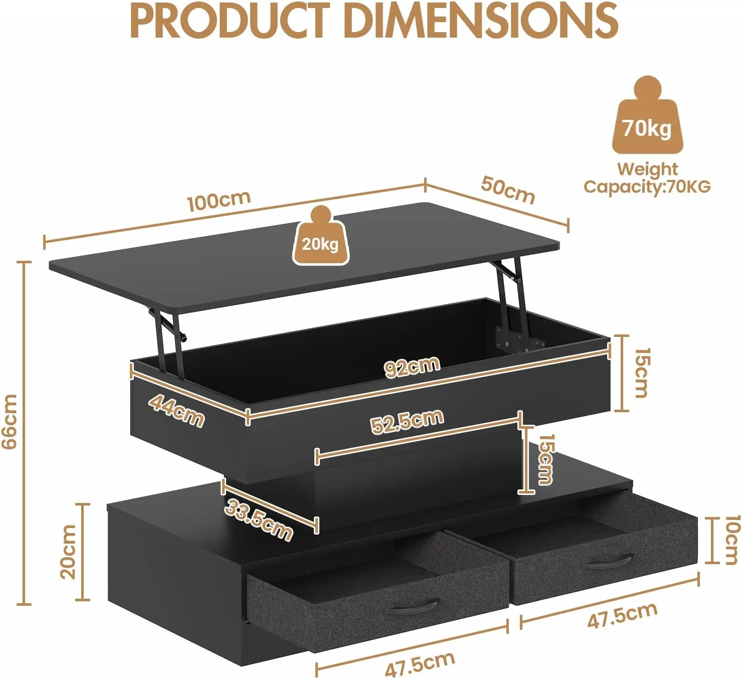 Top Coffee Table with LED Lights Hidden Large Compartment and 2 Storage Drawers, Rectangle Wood Central Table with Lift Tab