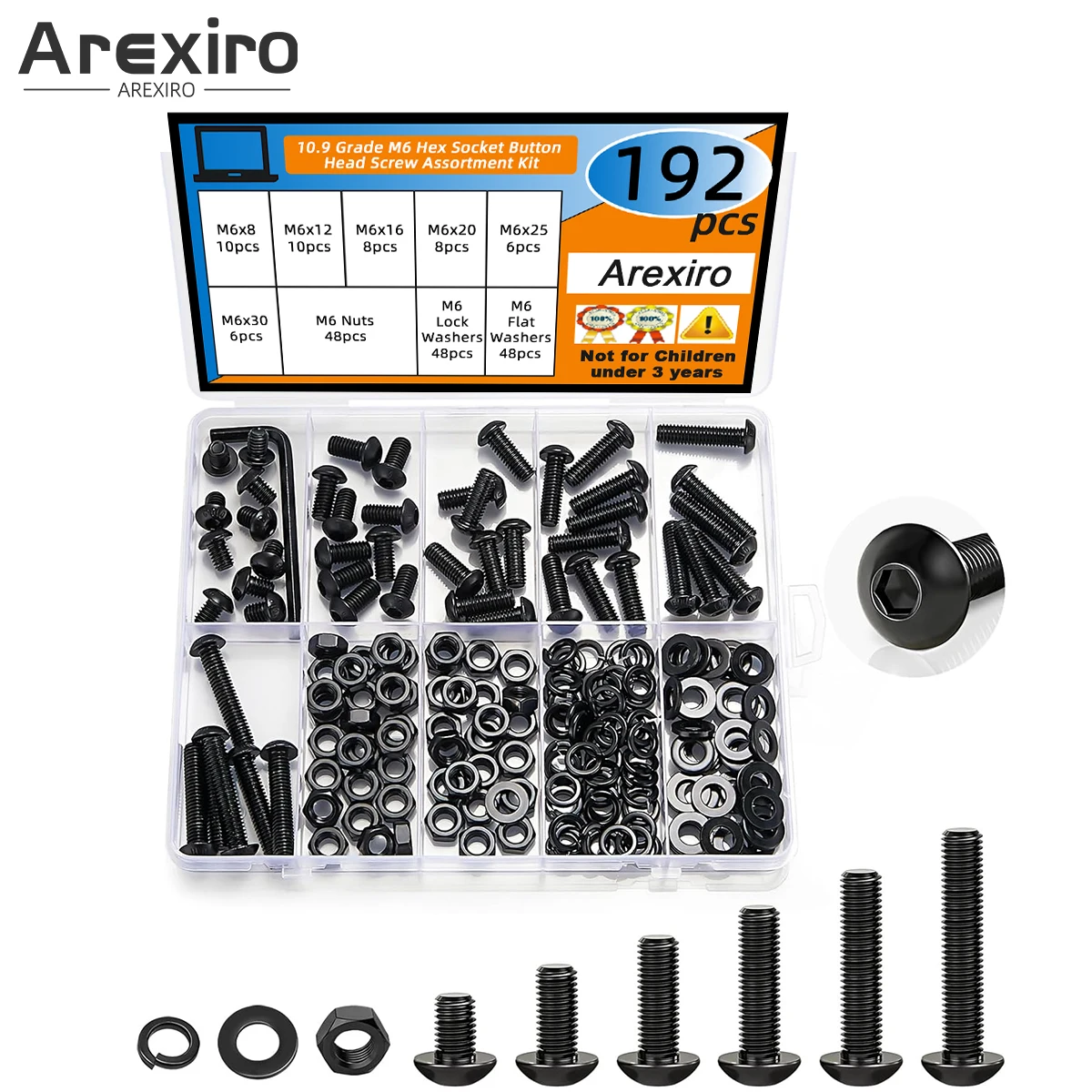 

900PCS M6x8/12/16/20/25/30mm with Lock and Flat Washers Grade 10.9 Carbon Steel Hex Socket Button Head Black Screw Nut Bolt Kit