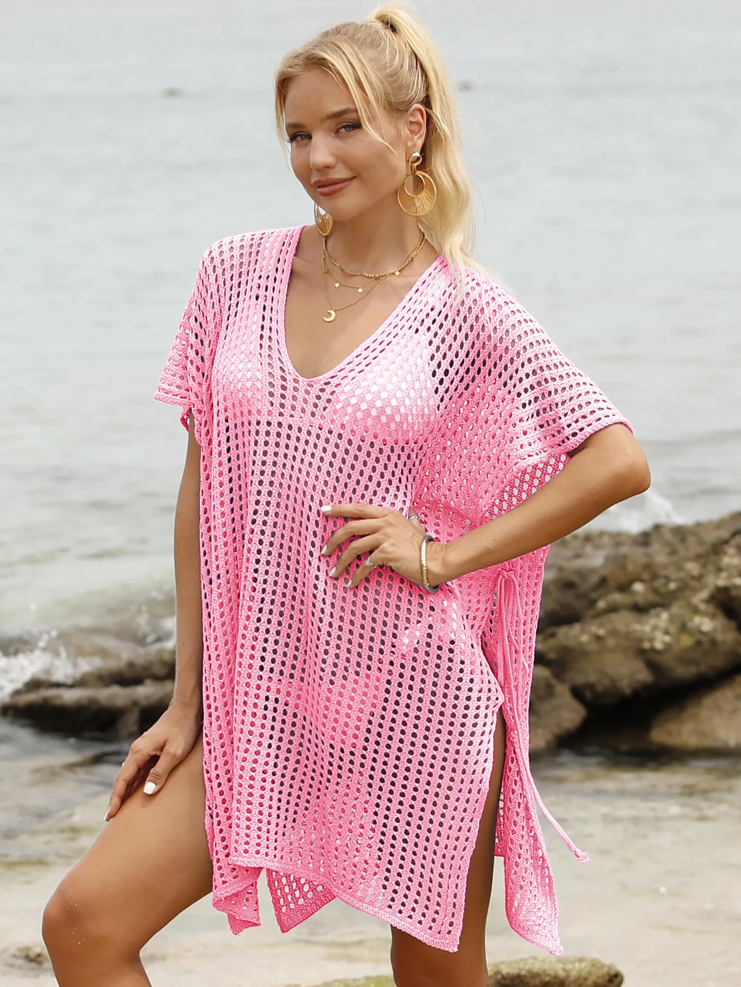 

Sexy Beach Dress Sheer Hollow Crochet Beach Dress Tie Back Lace Knit Beach Dress Bikini Cover Up Kimono Swimwear Woman
