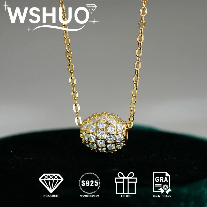 

WSHUO Full Moissanite 100% S925 Silver Pendant Necklace for Women 14K Gold Plated Luck Bead Lab Diamond Necklace Party Jewelry