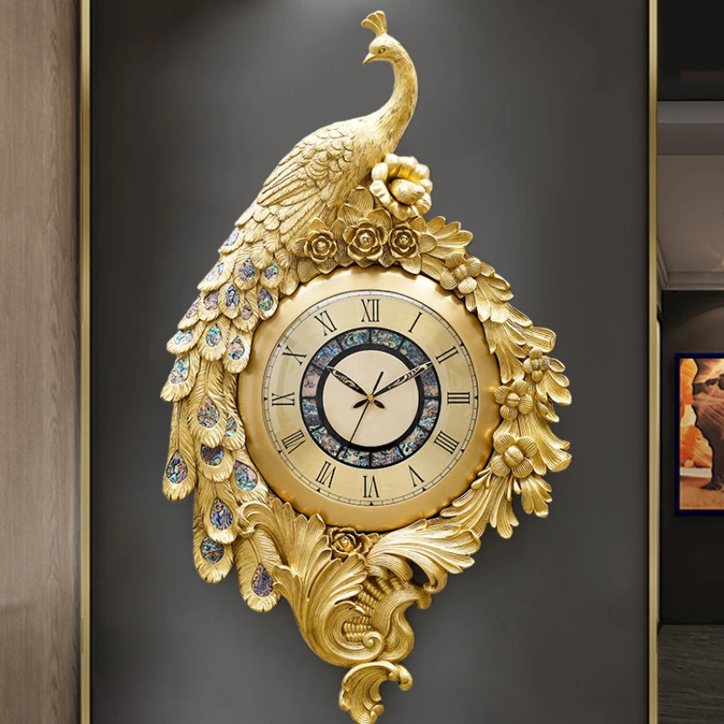 

Modern Decoration Gold Metal Peacock Clocks 3D Brass Art Quartz Wall Clock Home Decor Luxury